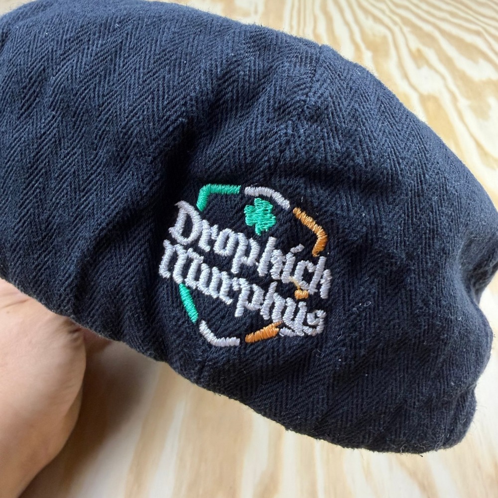 Dropkick Murphys Mens Black Herringbone Newsboy Cap Quilted Flat Hat Shamrock
